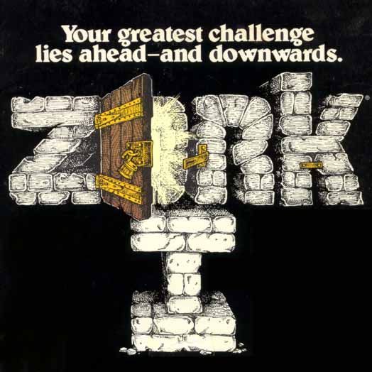 Zork I logo, with the caption "Your greatest challenge lies ahead -- and downwards."